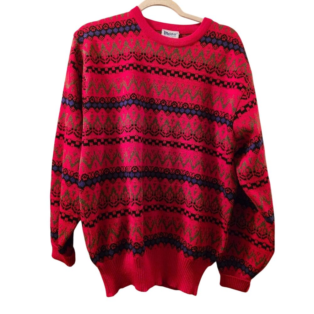 Vtg 80s Meister Wool Blend Geometric/Aztec Knit Sweater Size XL Ski Grandpa Dad